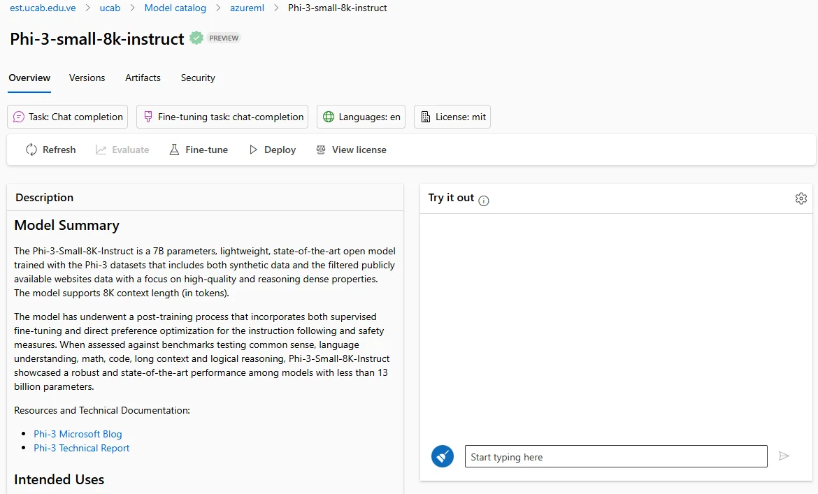 Azure ML Studio showing Microsoft Phi-3 model deployment