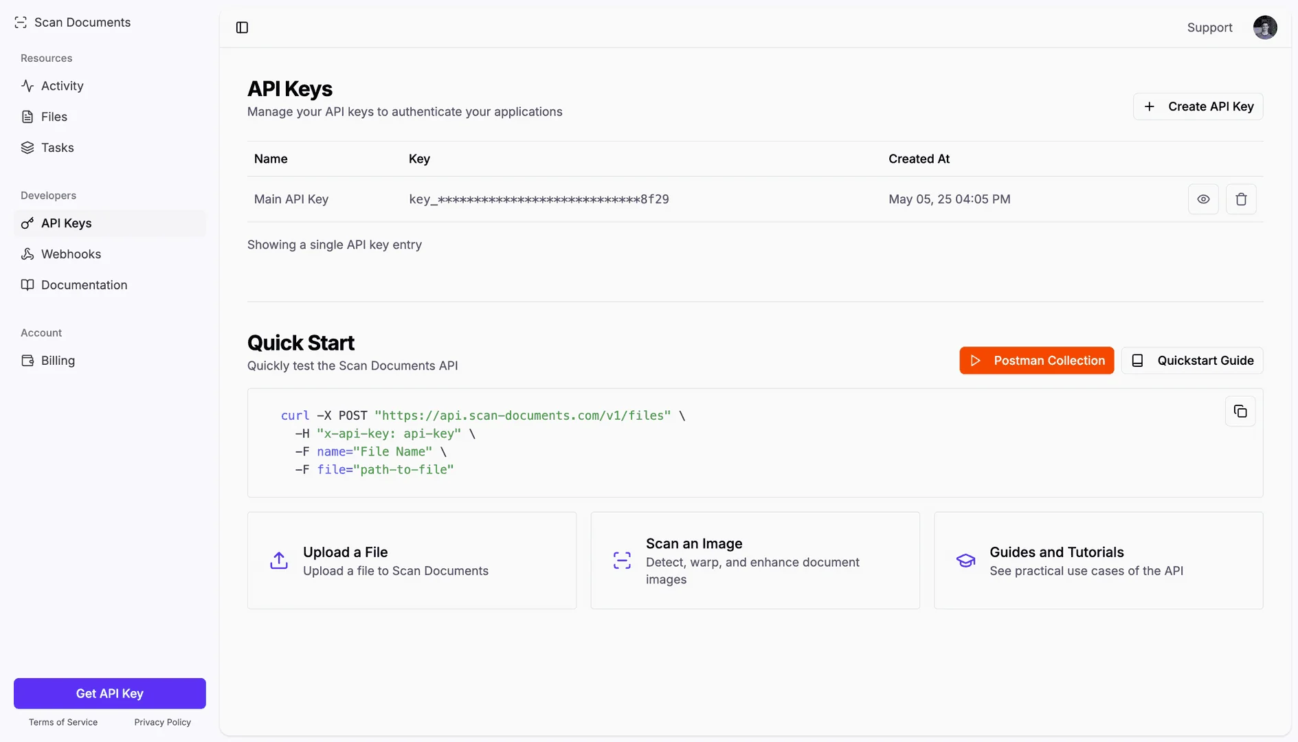 New API Keys section