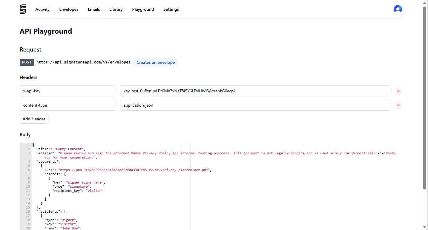 SignatureAPI playground interface for testing API features